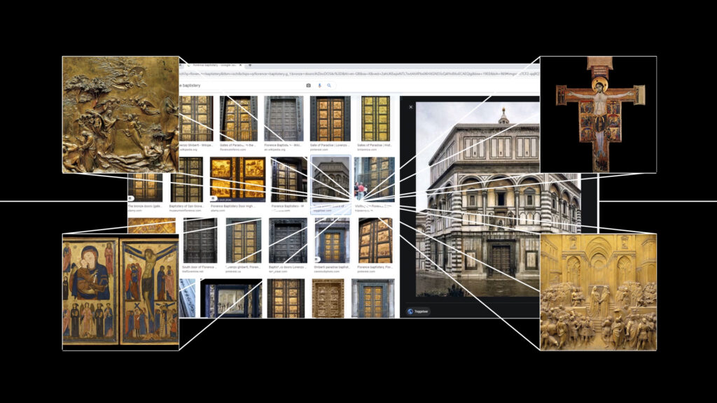 Screenshot from gameplay recording shows images of Florentine baptistery doors Google image search.