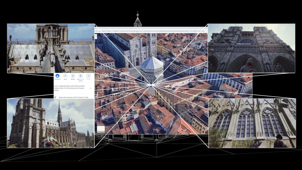 Screenshot from gameplay recording shows images of Piazza del Duomo on Google Maps overlayed with images from Assassin's Creed Unity's Notre Dame cathedral model.
