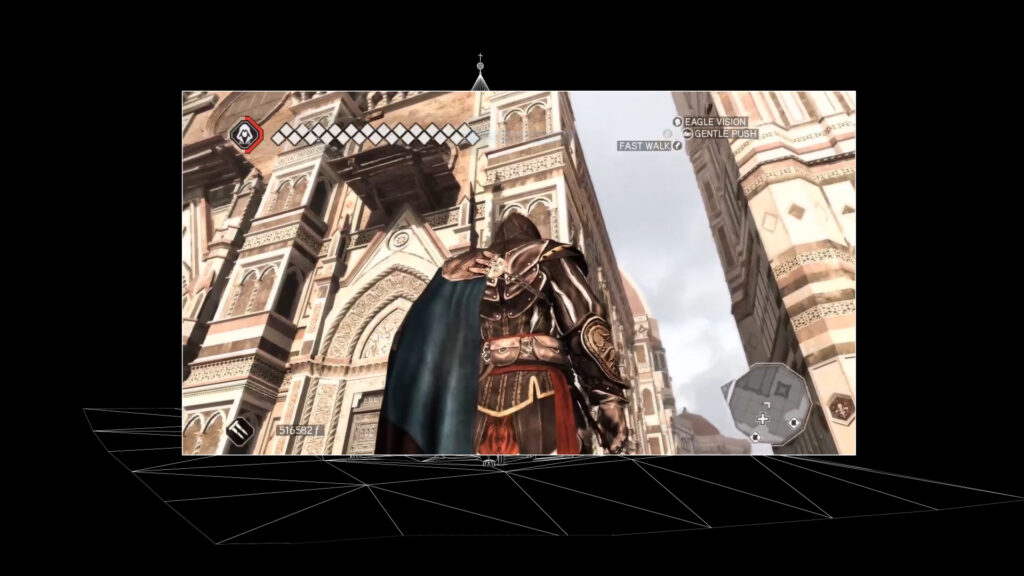 Screenshot from gameplay recording shows Assassin's Creed II player character in the virtual Piazza del Duomo.