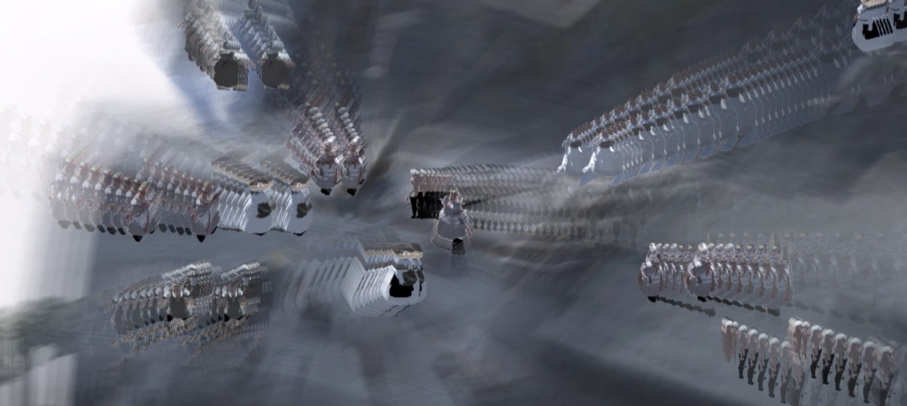 3D character models with delayed framerate on blurred background.